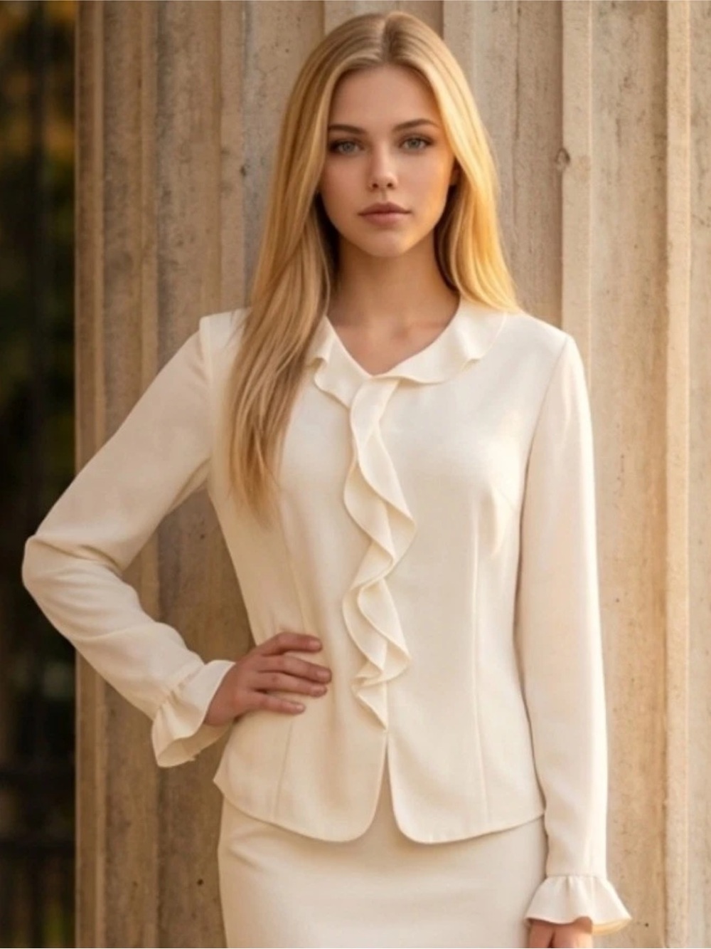 PENDLETON Blouse Top Ruffle Ling Sleeves White Career Classic Sz 2